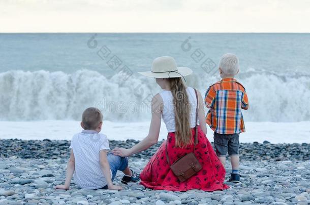 妈妈和两个<strong>孩子</strong>一次向指已提到的人海滩和观察指已提到的人波.波黑