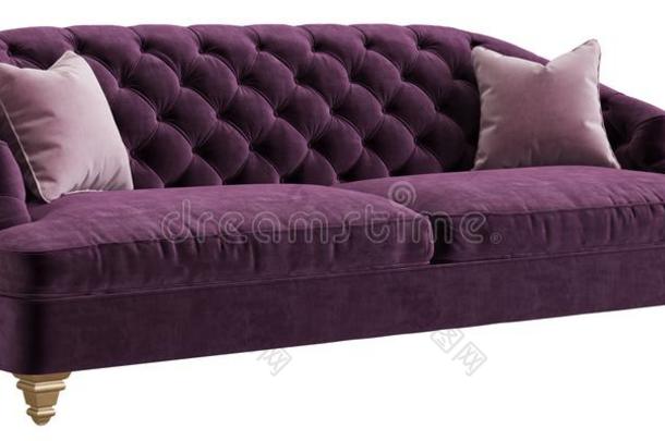 典型的装缨球的沙发紫色的颜色和2粉红色的枕头隔离的向