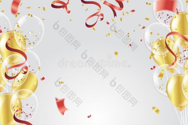 金气球,五彩纸屑和彩色纸带向白色的背景.vectograp矢量图