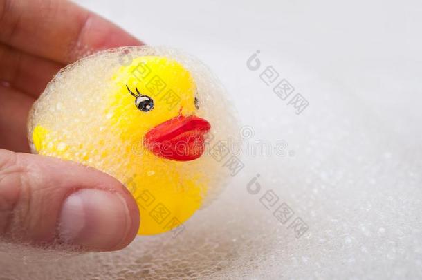 黄色的<strong>橡胶鸭子</strong>玩具和苔藓采用沐浴