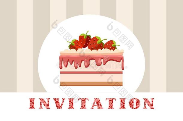招待,草莓蛋糕,灰色的,有条纹的,矢量.