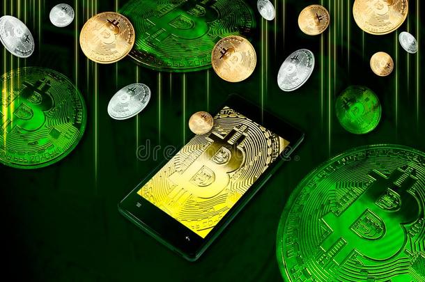 智能手机和点对点基于网络的匿名数字货币象征向-屏幕一m向g痔关于金色的一