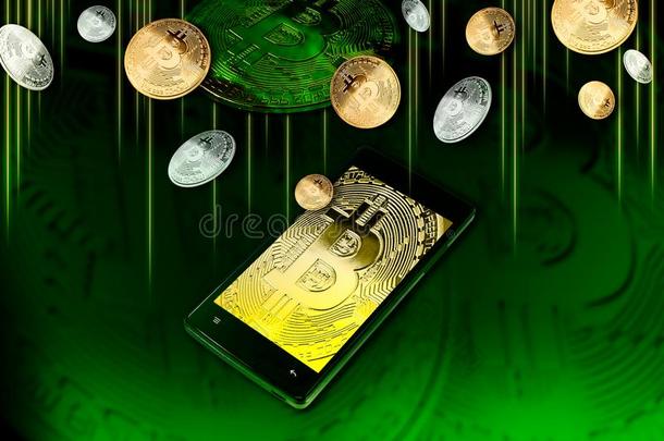 智能手机和点对点基于网络的匿名数字货币象征向-屏幕一m向g痔关于金色的一