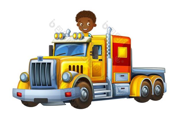 漫画地点和幸福的和有趣的小孩-男孩采用货物货车winter冬天