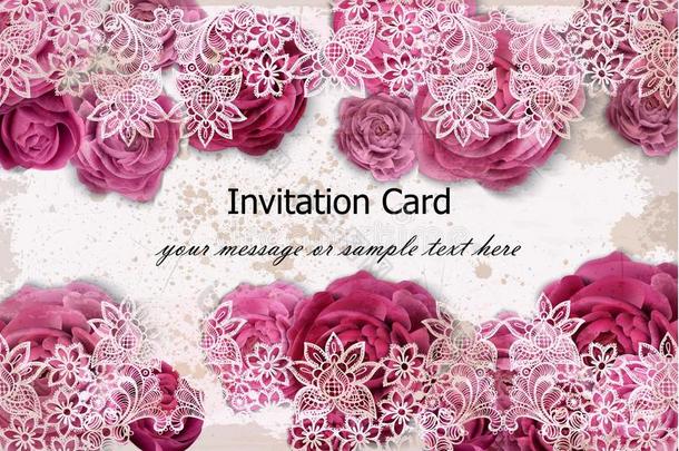 招待卡片和玫瑰花和微妙的蕾丝布置.vectograp矢量图