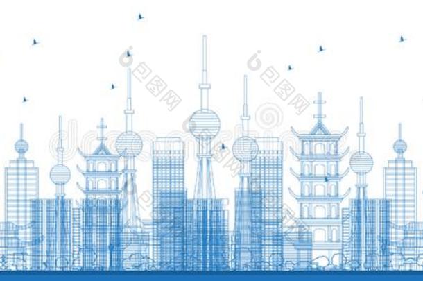 梗概佛山中国城市地平线和蓝色建筑物.