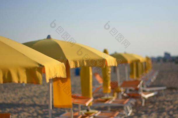 黄色的伞和椅子准备好的为夏