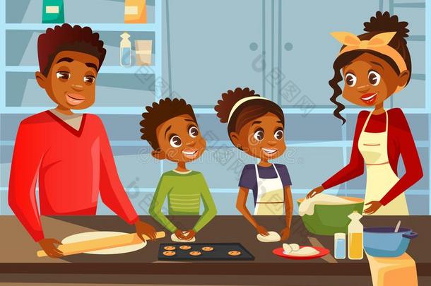 非洲式发型美国人黑的家庭烹饪术同时在厨房矢量flores花