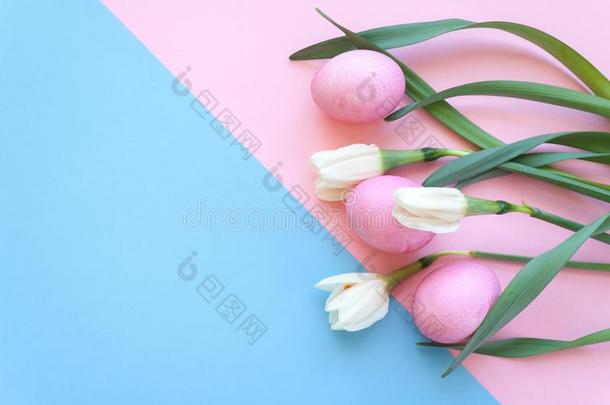 复活节卵和春季花自我陶醉向粉红色的背景