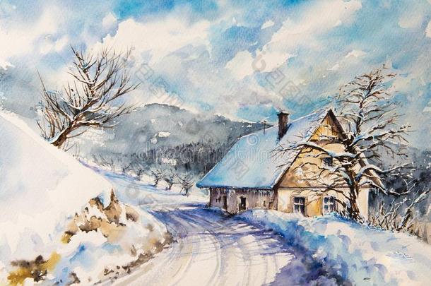 冬风景和房屋水彩画描画的