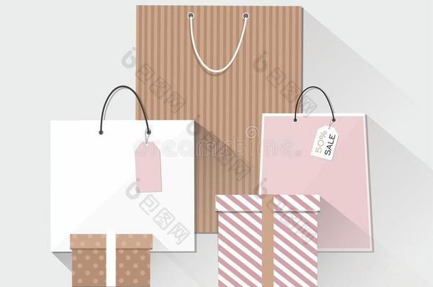 在线的购物横幅组关于购物袋和盒