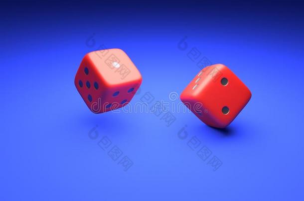 骰子:一游戏关于运气.红色的骰子向蓝色背景.3英语字母表中的第四个字母