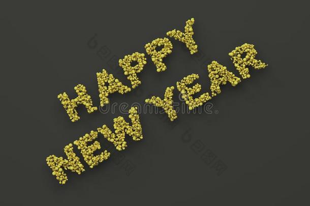 幸福的新的年字从黄色的杂乱向黑的背景