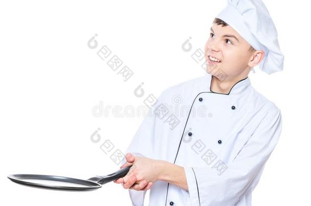 青少年男孩使人疲乏的厨师制服