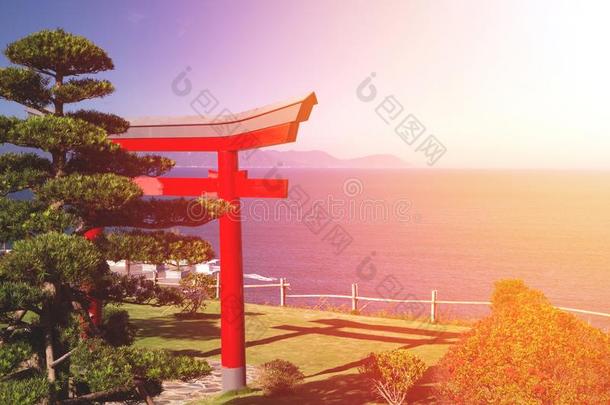 红色的传统的日本人<strong>门牌</strong>坊和蓝色海和山