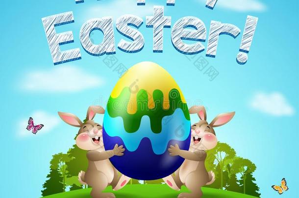 幸福的复活节背景和两个兔子和鸡蛋.复活节兔子
