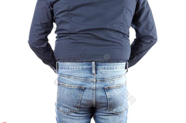 超重的男人采用牛仔裤和肥的向higimpactpolystyrene高冲击强度聚苯乙烯和腰