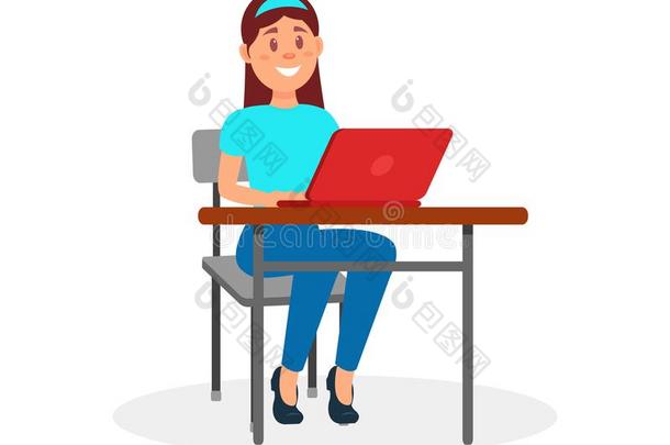 微笑的女孩工作的向便携式<strong>电脑</strong>计算机在她办公室书桌vectograp<strong>矢量图</strong>