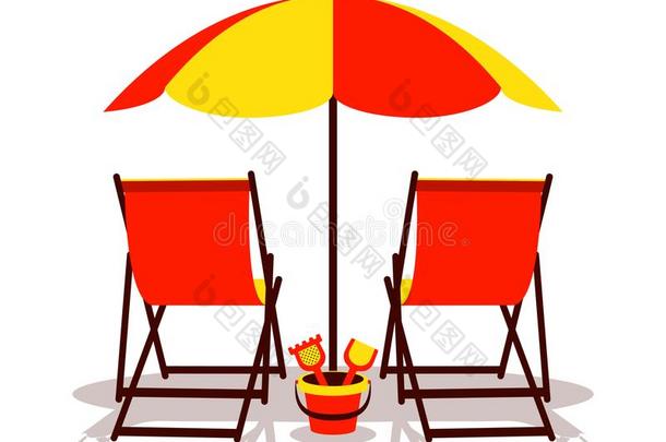 海滩雨伞和甲板椅子