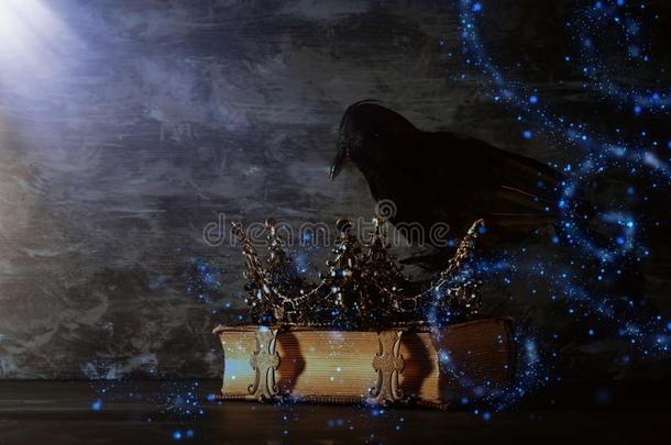 低的钥匙影像关于美丽的女王/国王王冠和黑的乌鸦.fantasia幻想的
