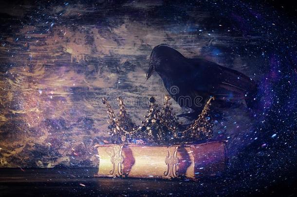 低的钥匙影像关于美丽的女王/国王王冠和黑的乌鸦.fantasia幻想的