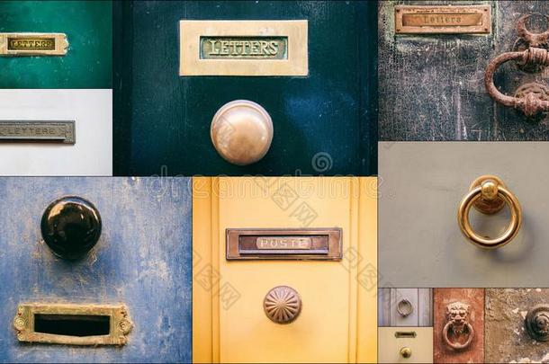 老的黄铜门邮件信盒,门门环和门小块英语字母表的第3个字母