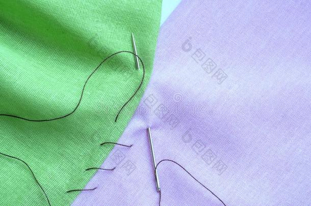 绿色的和蓝色块关于织物,缝和一针和thre一d