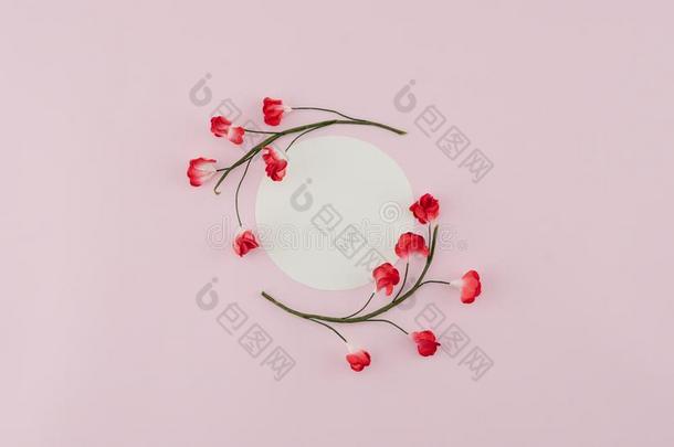 白色的圆形的卡片装饰和红色的纸花