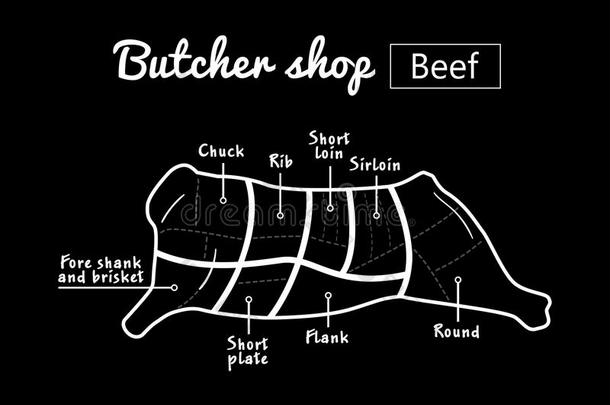 将切开关于牛肉放置.海报屠夫图表-奶牛.酿酒的活版印制
