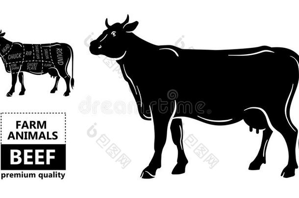 将切开关于牛肉放置.海报屠夫图表-奶牛.酿酒的活版印制