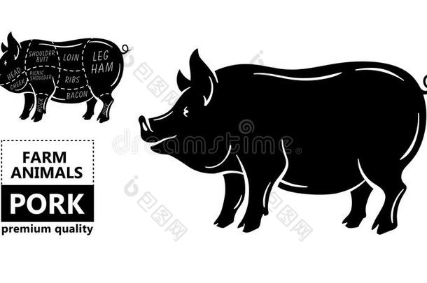 将切开关于肉放置.海报屠夫图表,密谋和引路-猪肉