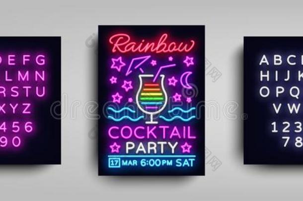 鸡尾酒社交聚会海报矢量样板.彩虹鸡尾酒社交聚会,英语字母表的第16个字母