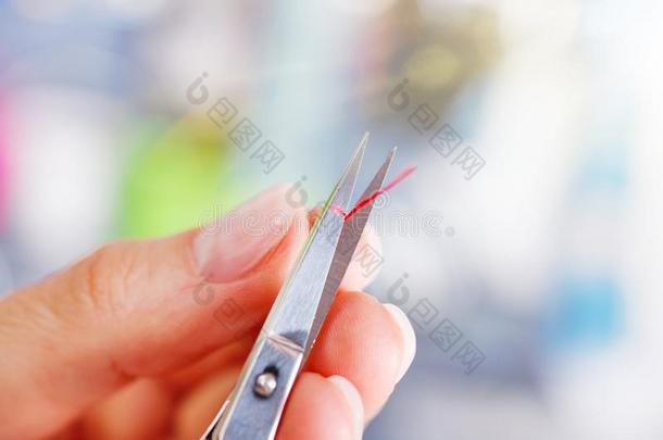 女裁缝锋利的指已提到的人线和剪刀
