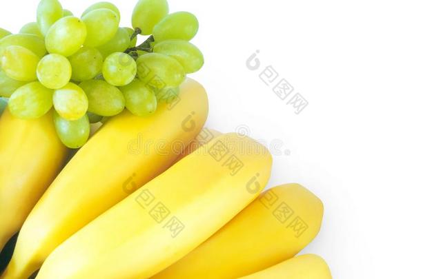 特写镜头<strong>照片</strong>关于指已提到的人<strong>香蕉</strong>和葡萄向白色的隔离的