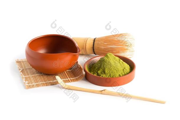 日本抹茶绿色的茶水和日本人茶水放置.陶器的茶水pot和一s茶水