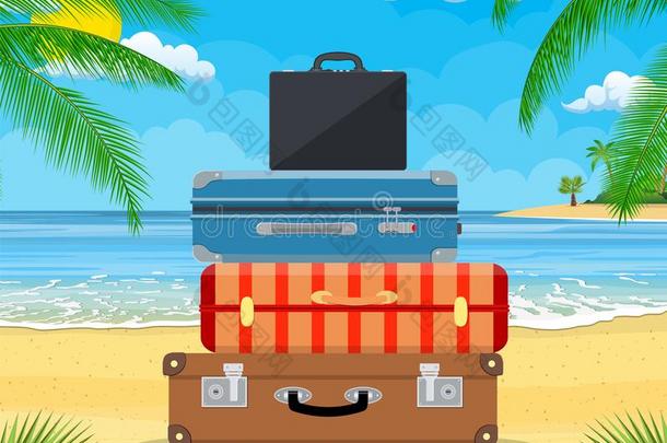 行李,行李,手提箱向热带的背景
