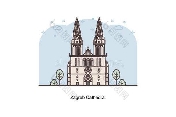 旅行克罗地亚-矢量线条说明关于萨格勒布总教堂.