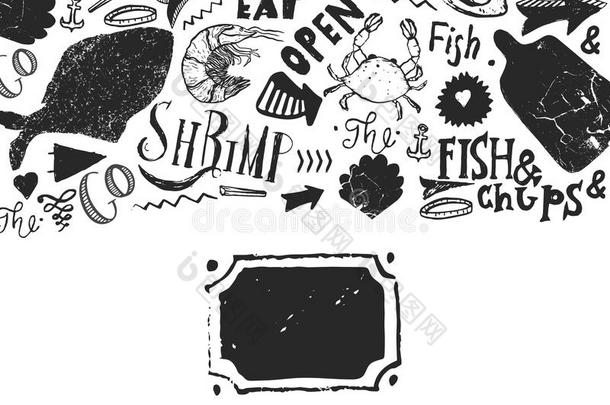 海产食品菜单和草图鱼和字体.身份为再来一次