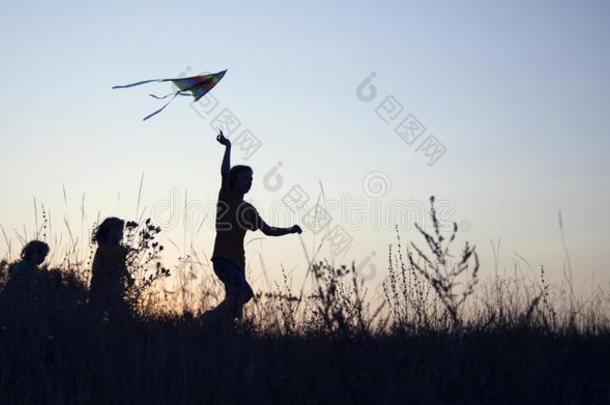 孩子们演奏风筝向夏日落草地显出轮廓的