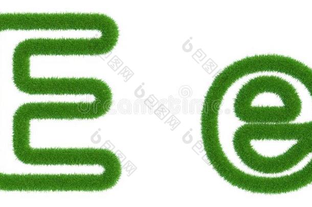 信英语字母表的第5个字母关于绿色的新鲜的草隔离的向一白色的b一ckground.