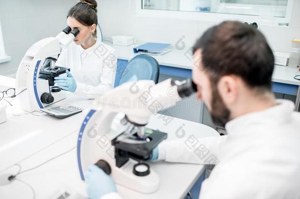 医学院学生工作的和显微镜在指已提到的人labor在ory