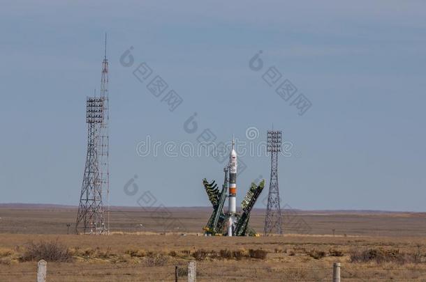 宇宙飞船联盟号向Baik向ur太空船发射降落场准备好的为发射