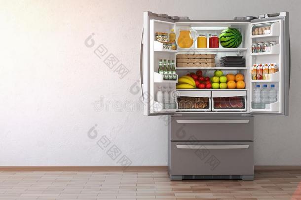 敞开的电冰箱冰箱满的关于食物采用指已提到的人空的厨房采用te