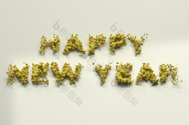 液体黄色的幸福的新的年字和落下向白色的后座