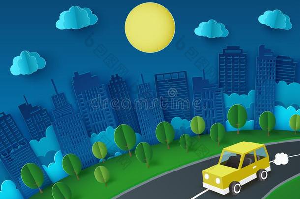 纸艺术背景和黄色的汽车逃脱从指已提到的人夜城市.