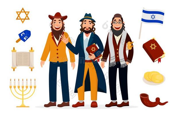 漫画犹太教徒字符偶像收集隔离的向白色的后面