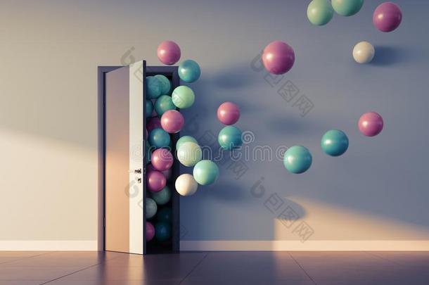 气球飞离开通过敞开的门