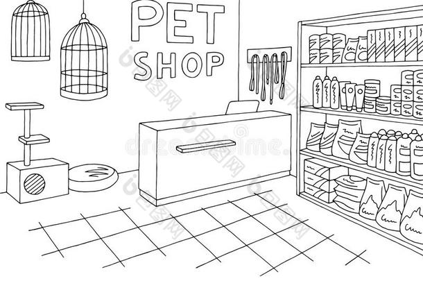 宠物商店商店图解的内部黑的白色的草图说明