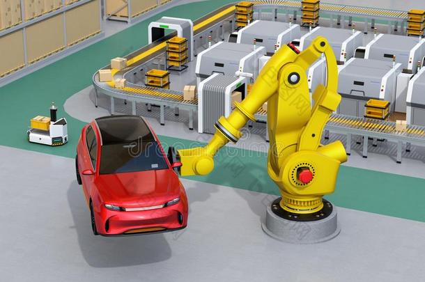 黄色的重量级拳击运动员机器人的臂运送的红色的多功能运动车采用指已提到的人立法机构