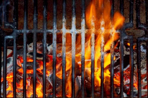 barbecue吃烤烧肉的野餐烧烤火焰,热的燃烧的烧烤,在户外